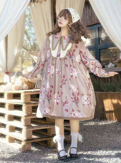 Sheep Berry Rabbit Style Design Velvet Print Ruice Dress