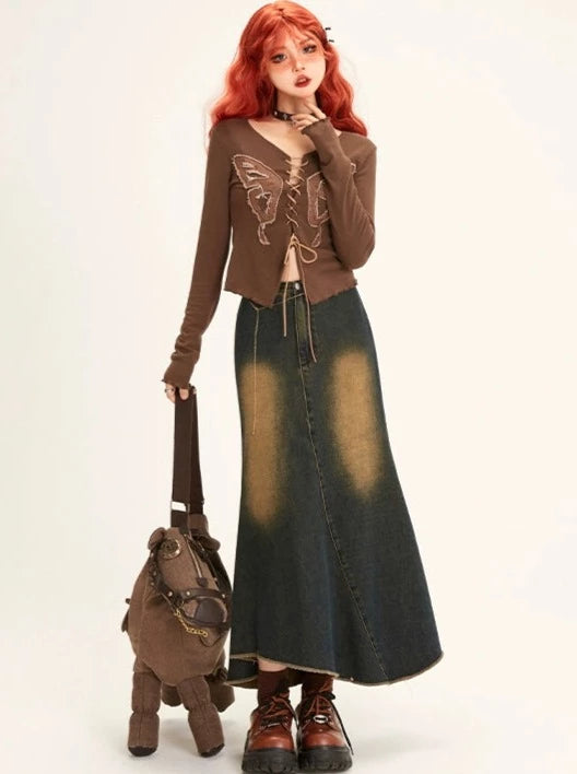 11SH97 fishtail skirt denim skirt autumn and winter women's irregular vintage old slim show slim midi skirt