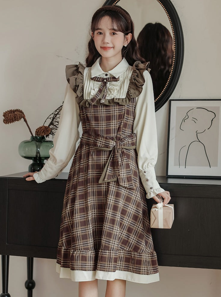 French Hepburn Style Retro Brown Ruffle Suspender Skirt