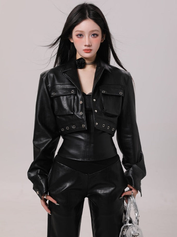 Design short leather jacket