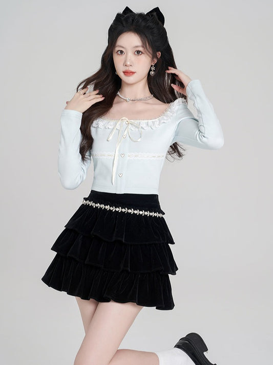 프렌치 스타일 브레이스 스루 스웨터 + 비쥬 스커트