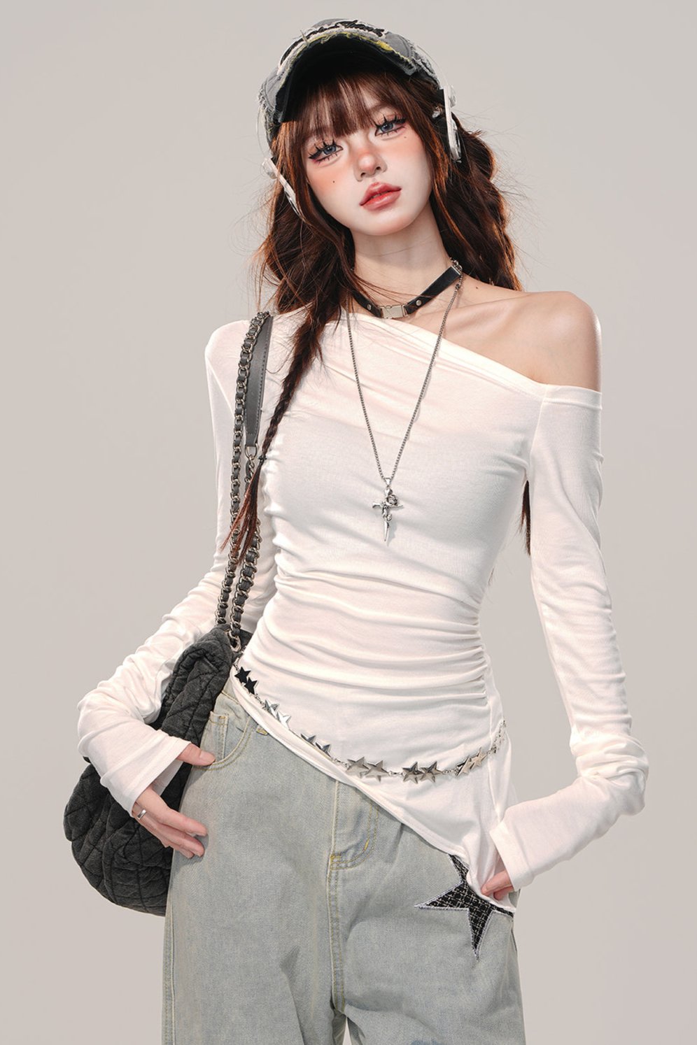 Irregular shoulder long sleeve top