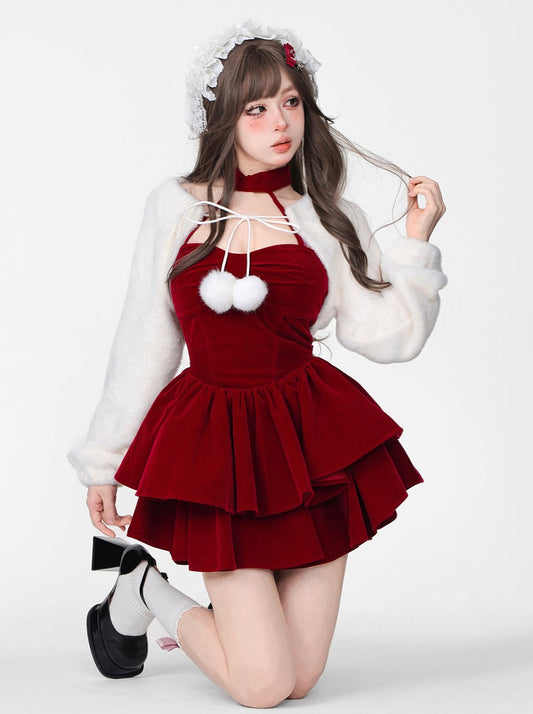 クリスマスガールフレアドレス＋ポンポンファーコート【予約商品】