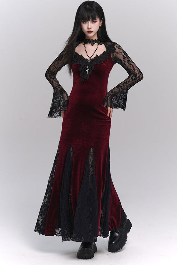 オープンネックカラーシアーロングドレス