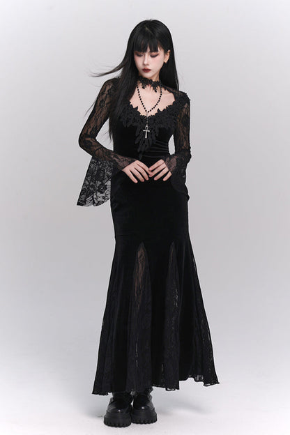 Open Neck Collar Sheer Long Dress