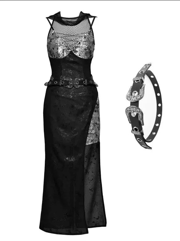 Punk Black Silver Mesh Sheer Slit Hoodie Dress Suit