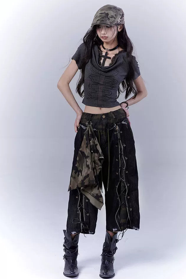 カモフラージュディストレストクロップドパンツ+スカーフ