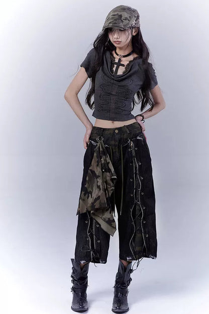 カモフラージュディストレストクロップドパンツ+スカーフ