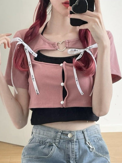 Heart ring short rib guard top + halter ribbon camisole