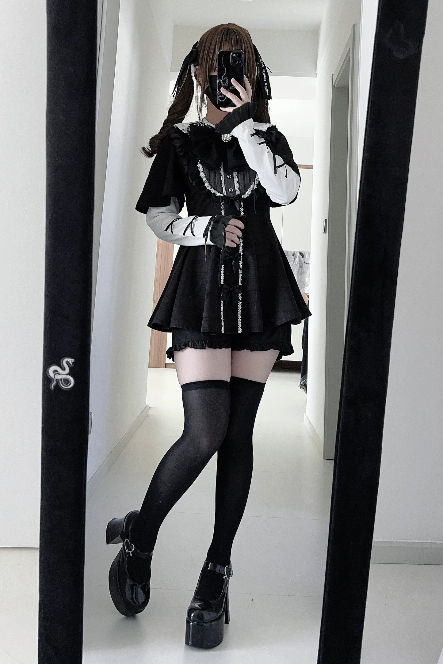 【3月1日予約締切】グレーブラックジュエルリボンフリルドレス＋ロングスリーブ＋ショートパンツフルセット