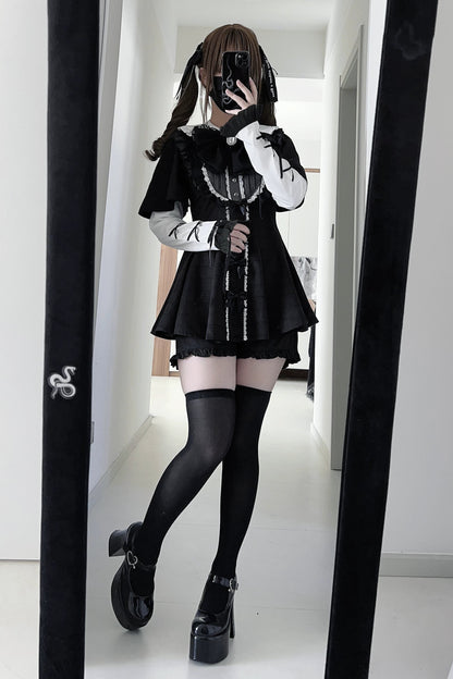 【3月1日予約締切】グレーブラックジュエルリボンフリルドレス＋ロングスリーブ＋ショートパンツフルセット