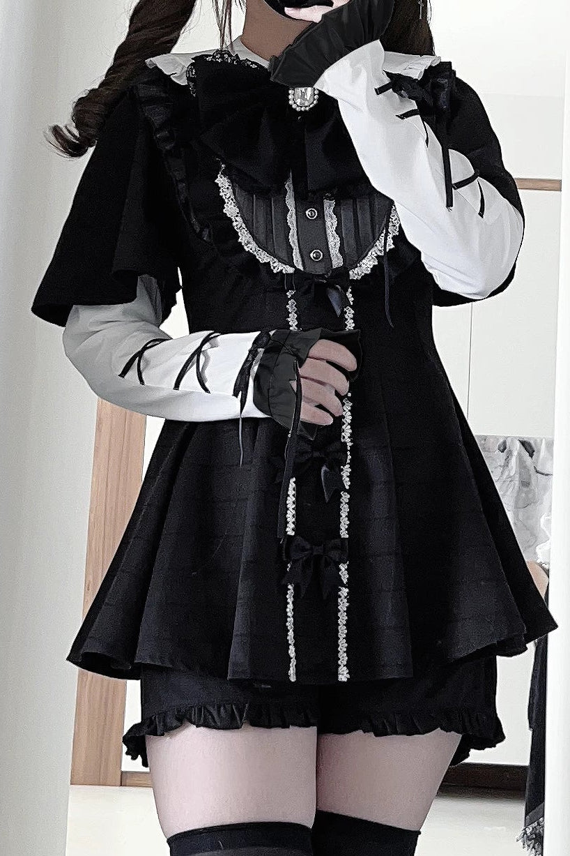 【3月1日予約締切】グレーブラックジュエルリボンフリルドレス＋ロングスリーブ＋ショートパンツフルセット