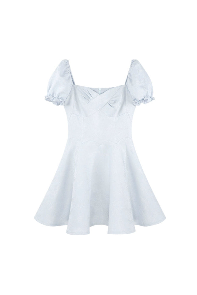 Blue Sweet French Puff Sleeve Dress