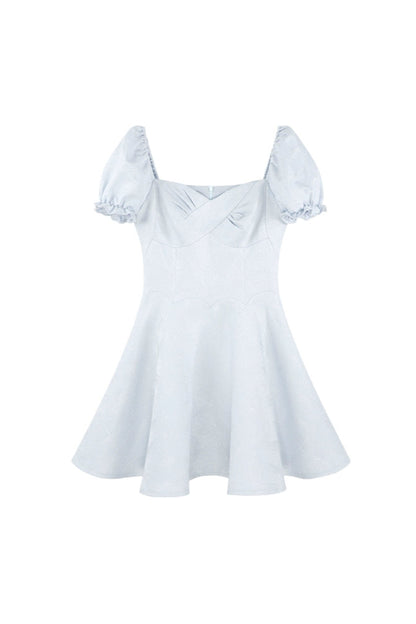 Blue Sweet French Puff Sleeve Dress