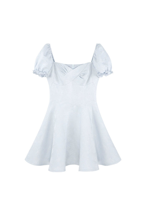 Blue Sweet French Puff Sleeve Dress