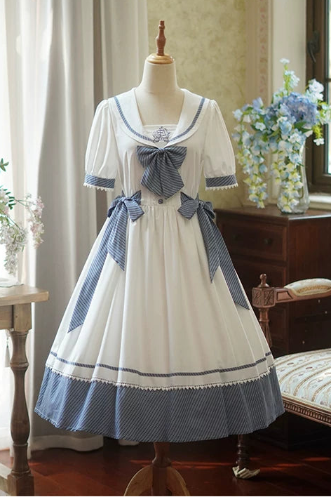 [Reservierungsschluss 28. Juni] 5 Farben/Sailor-Lolita-Streifenkleid mit Schleife und Puffärmeln