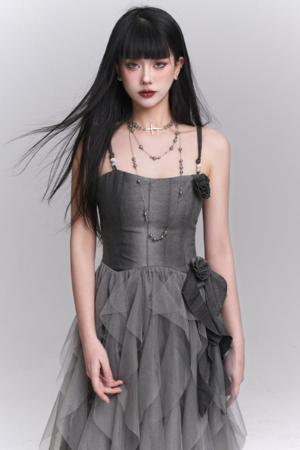 Unique Flower Suspender Long Camisole Dress