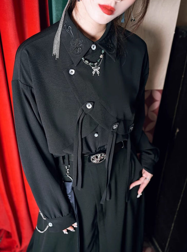 ゴールデンクロウダークチャイナイレギュラーエンブロイダリーシャツ