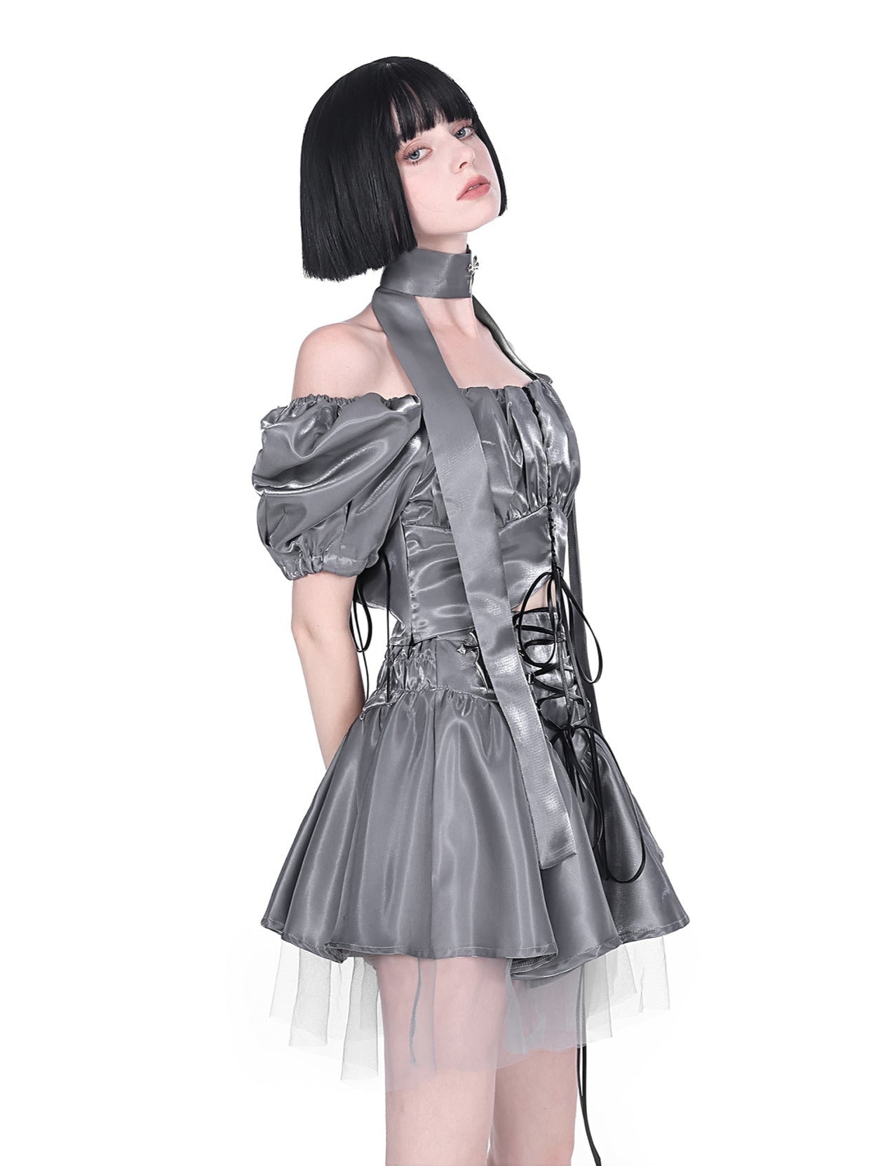 Cyberpunk glitter setup cross neck stole + puff sleeve short top + lace up tulle skirt