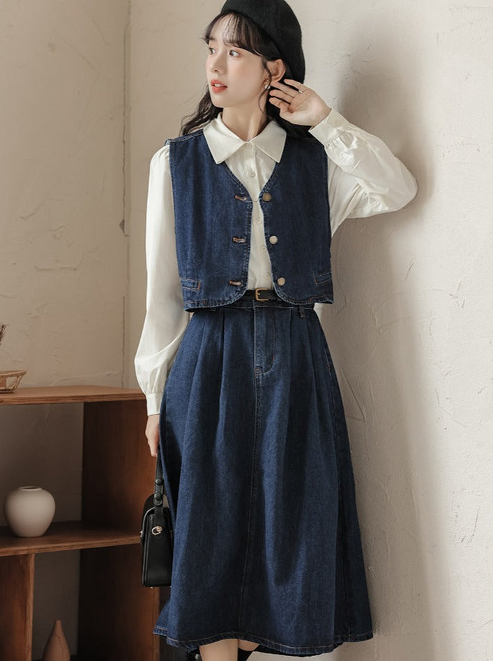 Retro denim vest + skirt + shirt