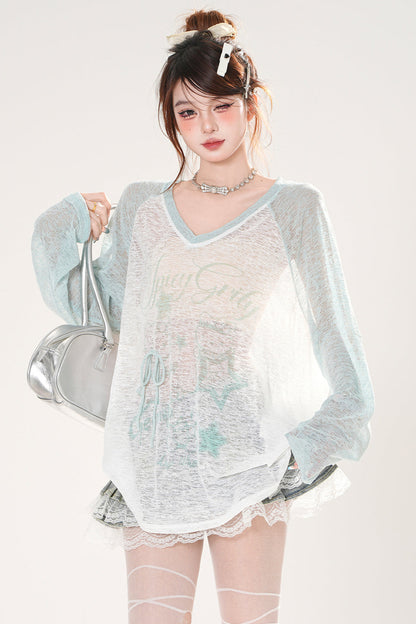 シアーサブカルVネックスモックトップス