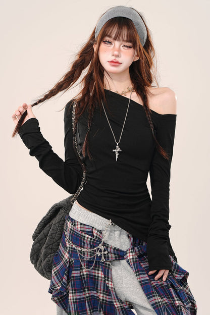 Irregular shoulder long sleeve top