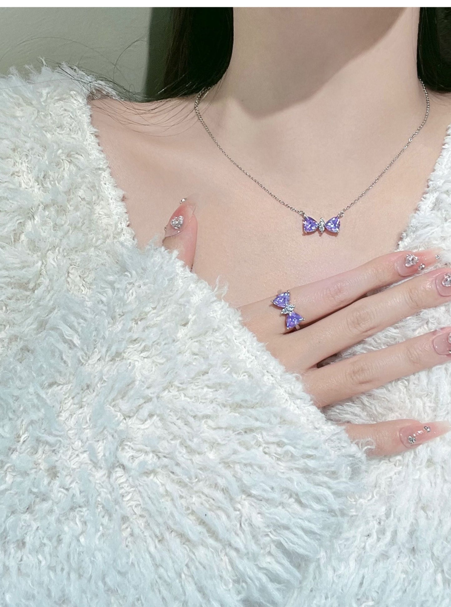 Purple crystal ring + necklace + earrings