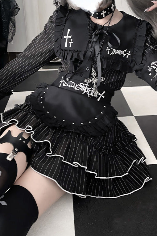 ライトアジアダークスリムロングスリーブトップス+フェイクエプロンショートスカート