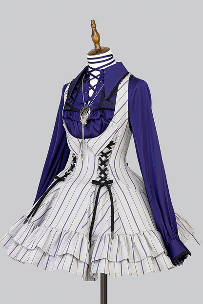 【12月29日予約締切】ゴシックロリータストライプバッククロスフリルサスドレス