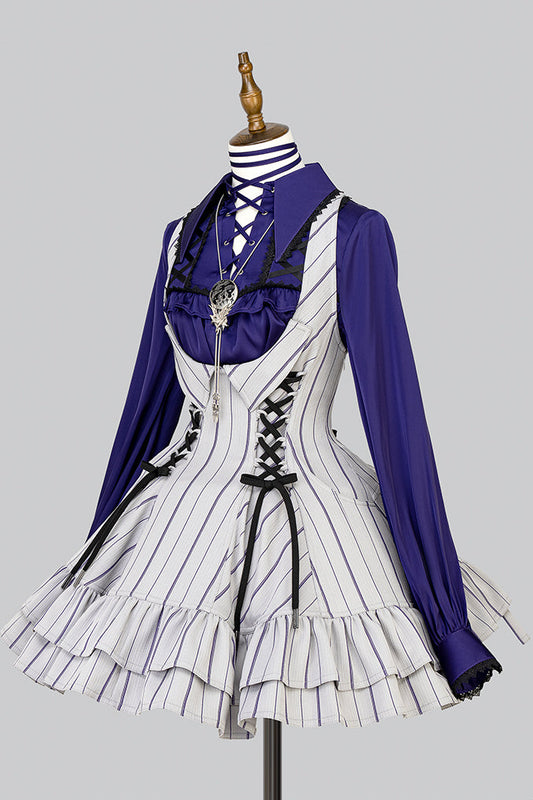 【12月29日予約締切】ゴシックロリータストライプバッククロスフリルサスドレス