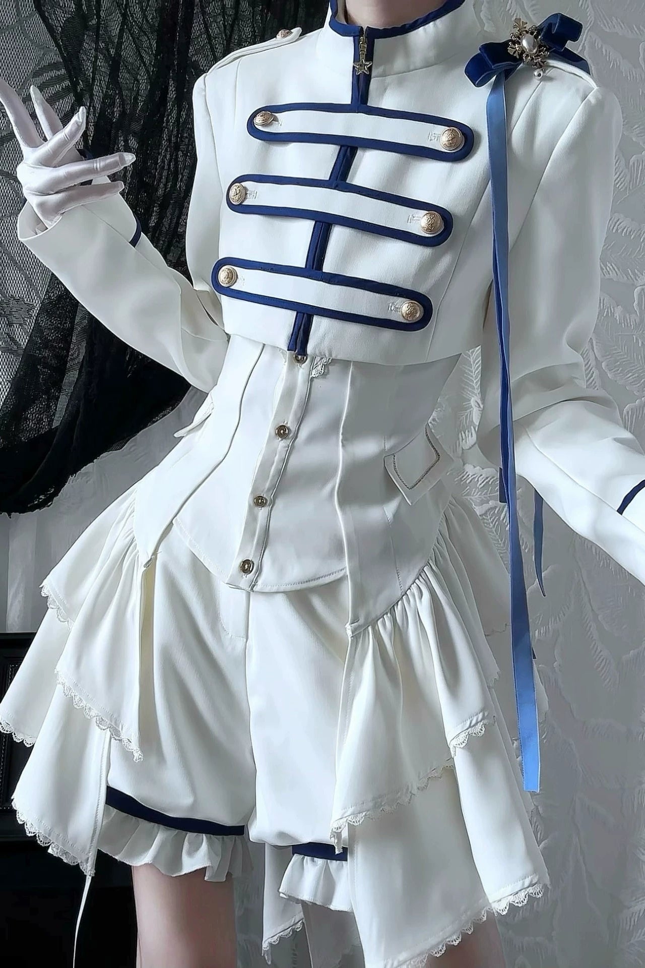 【9月13日予約締切】Blue White Military Ruffle Lolita Jacket (with epaulet bow) + Shirt + Short Skirt Set / Shorts Set + Complete set 1/2 (Officer cap + Leg covers + Sash)