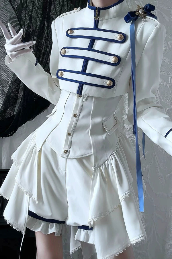 【9月13日予約締切】Blue White Military Ruffle Lolita Jacket (with epaulet bow) + Shirt + Short Skirt Set / Shorts Set + Complete set 1/2 (Officer cap + Leg covers + Sash)