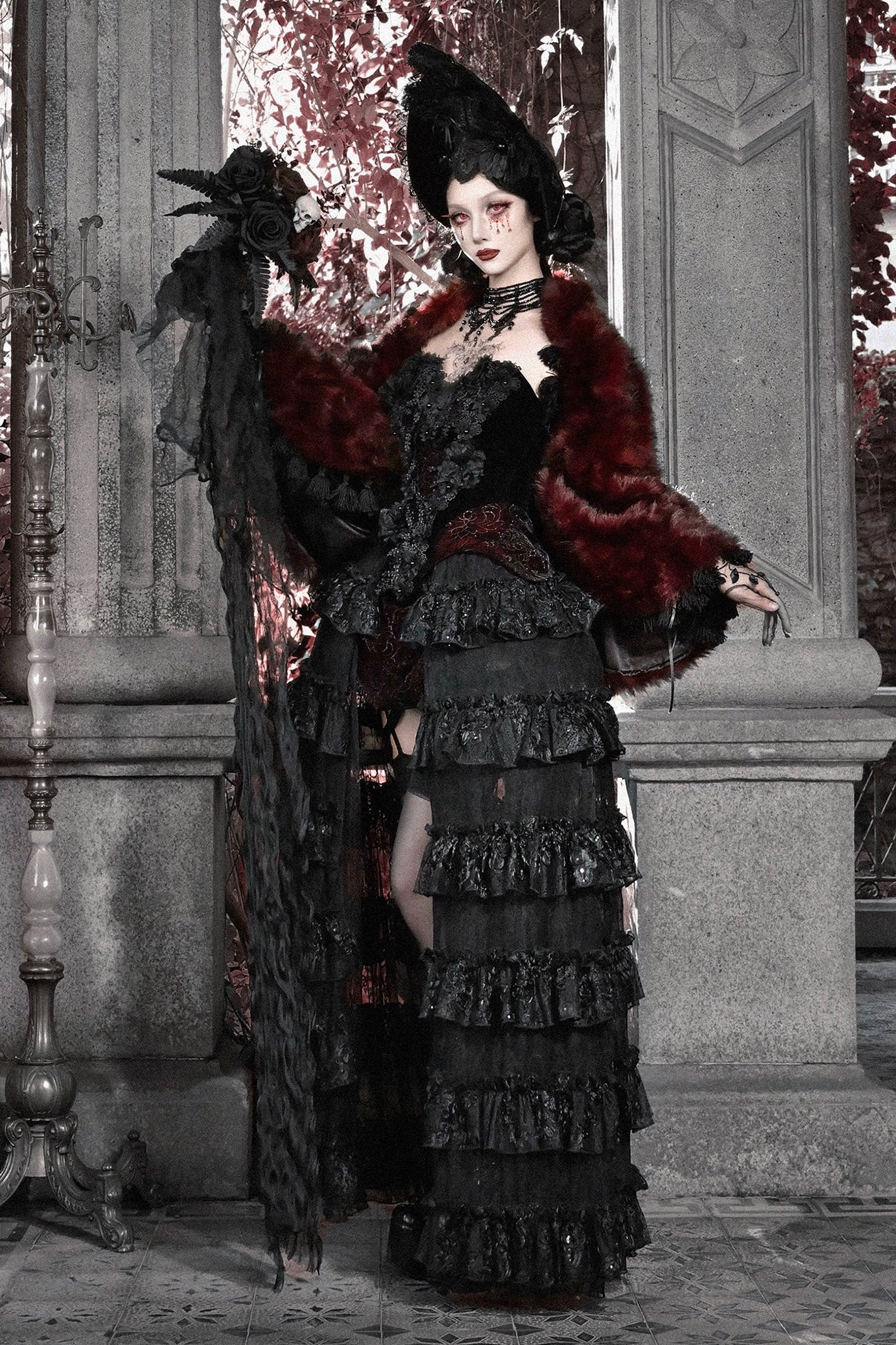 Blood supply original ◆ castle thriller crimson gothic environmental protection fur cloak jacket shawl Halloween winter