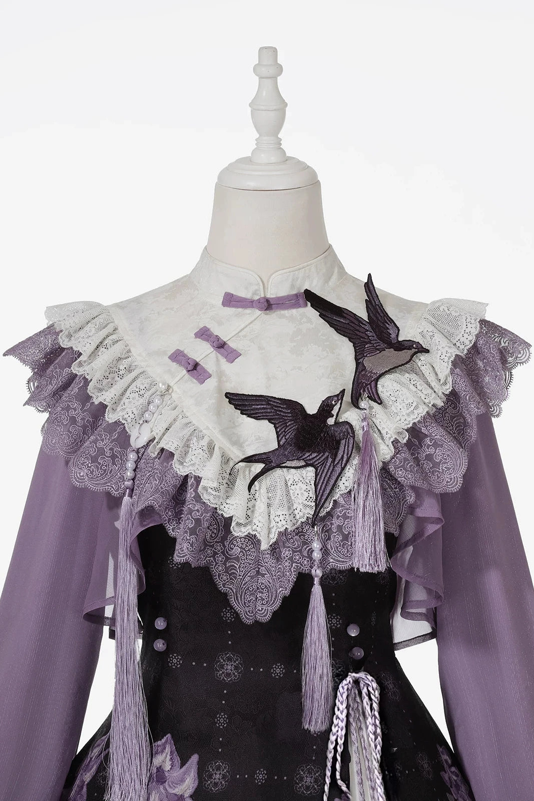 [Reservierungsschluss 8. November] New-Chinese-Lolita-Set mit mondbeschienenem wisterienviolettem JSK-Kleid + kurzem Spitzentop mit Schwalbenstickerei und Quasten