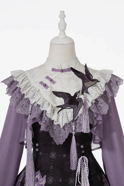 [Reservierungsschluss 8. November] New-Chinese-Lolita-Set mit mondbeschienenem wisterienviolettem JSK-Kleid + kurzem Spitzentop mit Schwalbenstickerei und Quasten