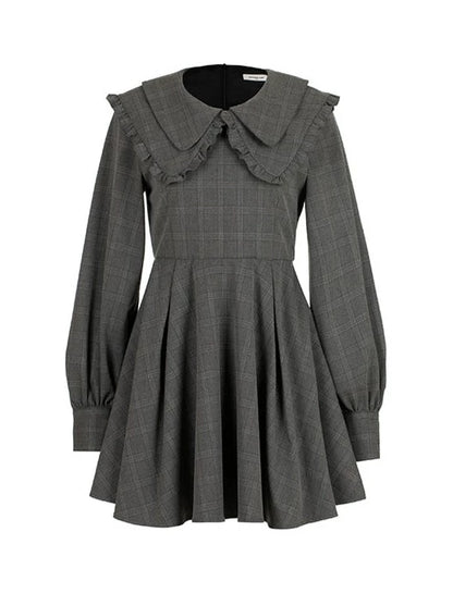 Dark Gray Check Puff Sleeve Dress