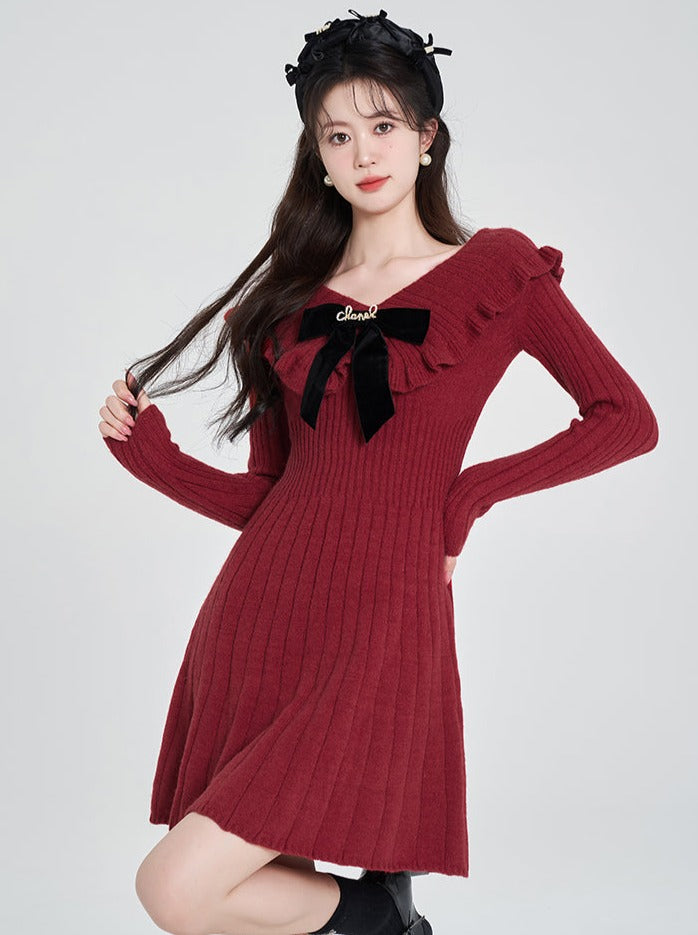 Volume Frill V-Neck Ribbed Knit Dress