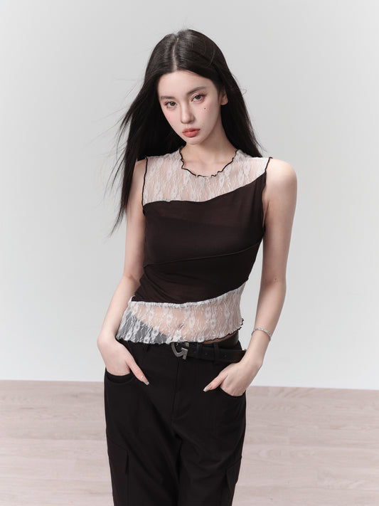 Sweet Cool Lace Splicing Asymmetrical Top
