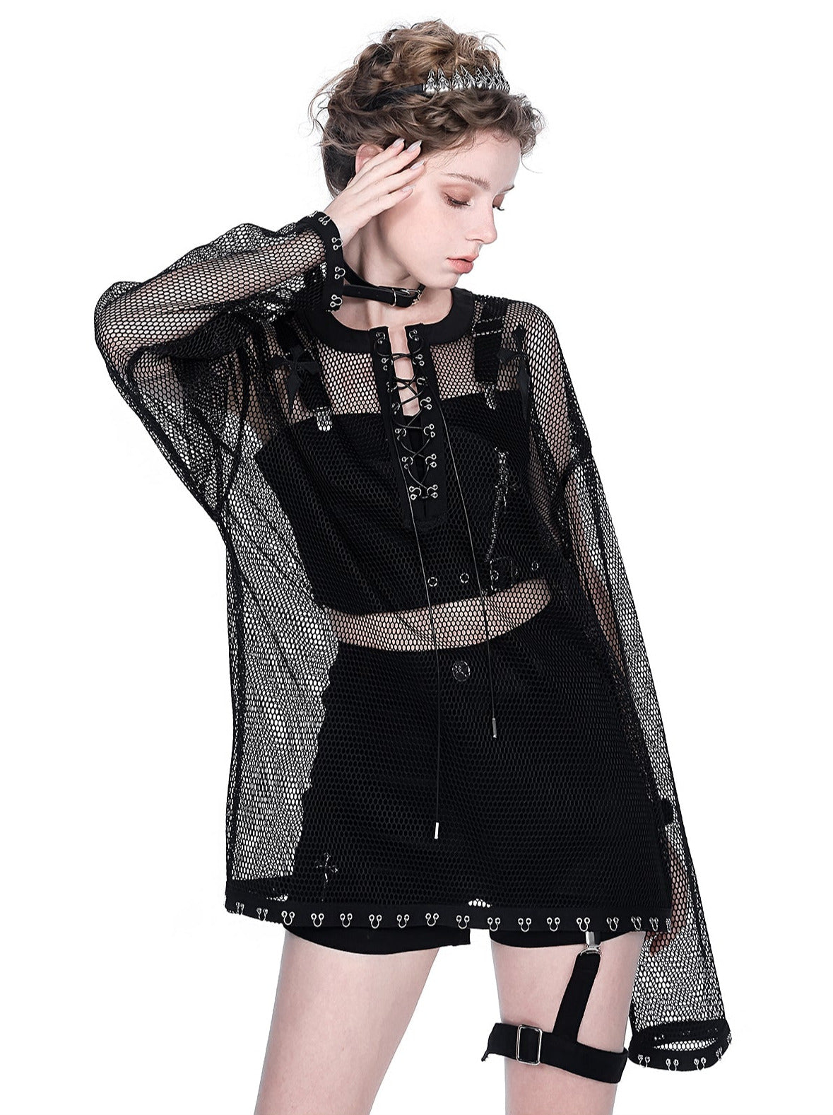 Mesh Sheer Metal Cross Lace-Up Mode Long T