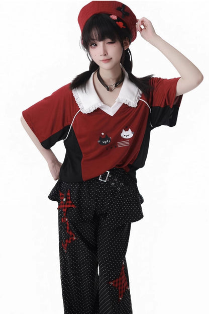 レースカラーオーバートップス＋バルーンスカート＋ロングパンツ＋レッグウォーマー