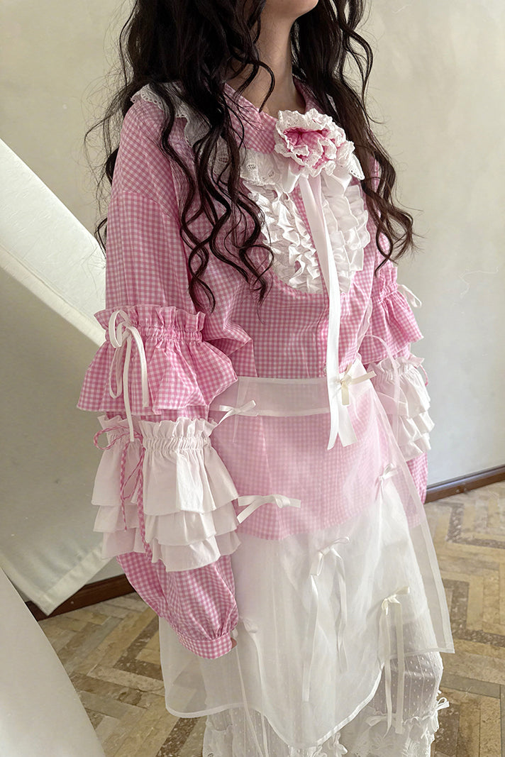 Camisa de patchwork con cuadrícula rosa muñeca