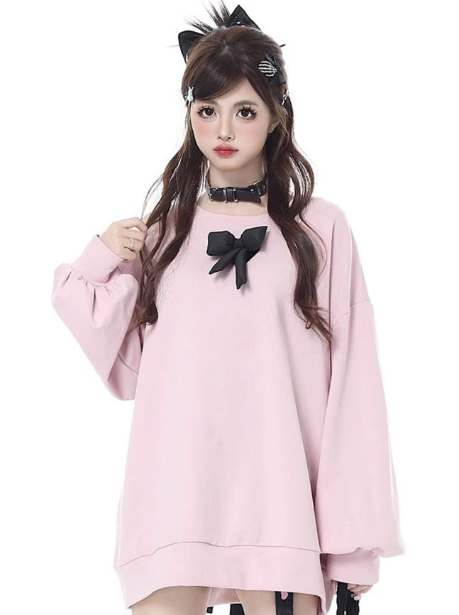 Soled Collar Round Neck Ribbon Loose Pullover