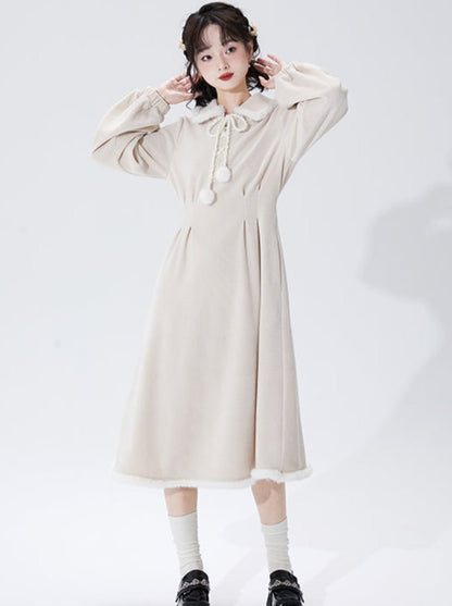 Beige Corduroy Waist Mark Long Coat