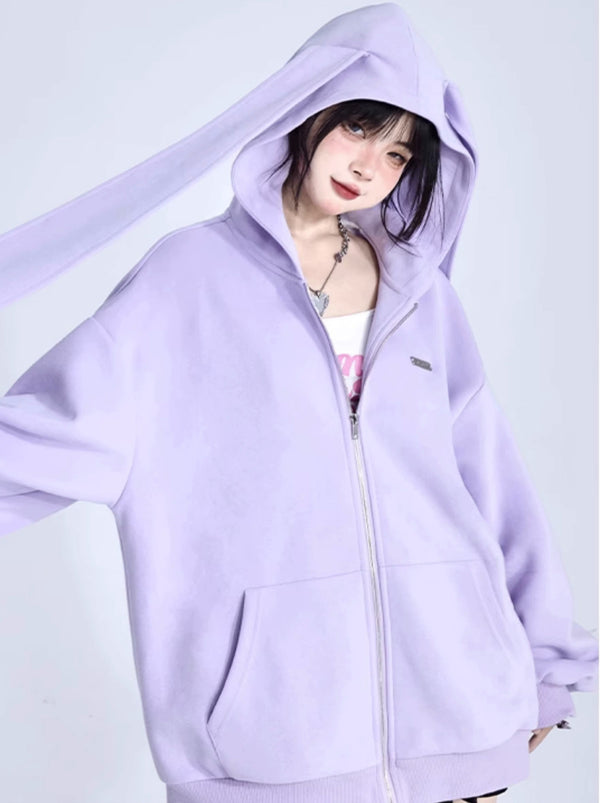 Bunny Ears Hoodie Jacket Oversized Zip Cardigan
