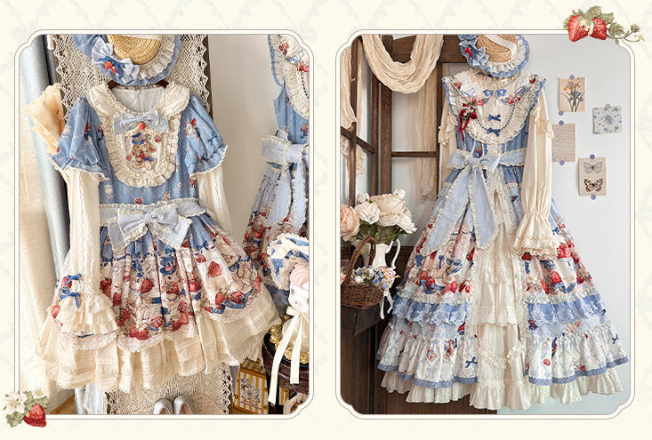 Rabbit Berry Embroidery Print Dress + Bonnet + Hat