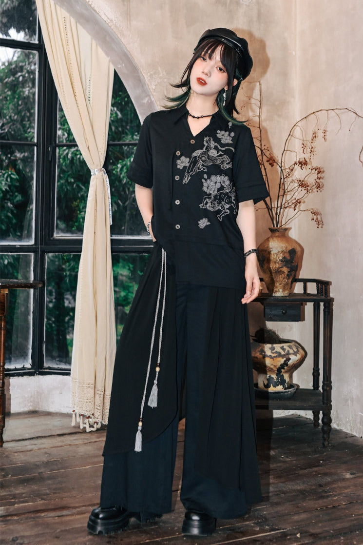 モードチャイナデザインワイドレッグパンツ