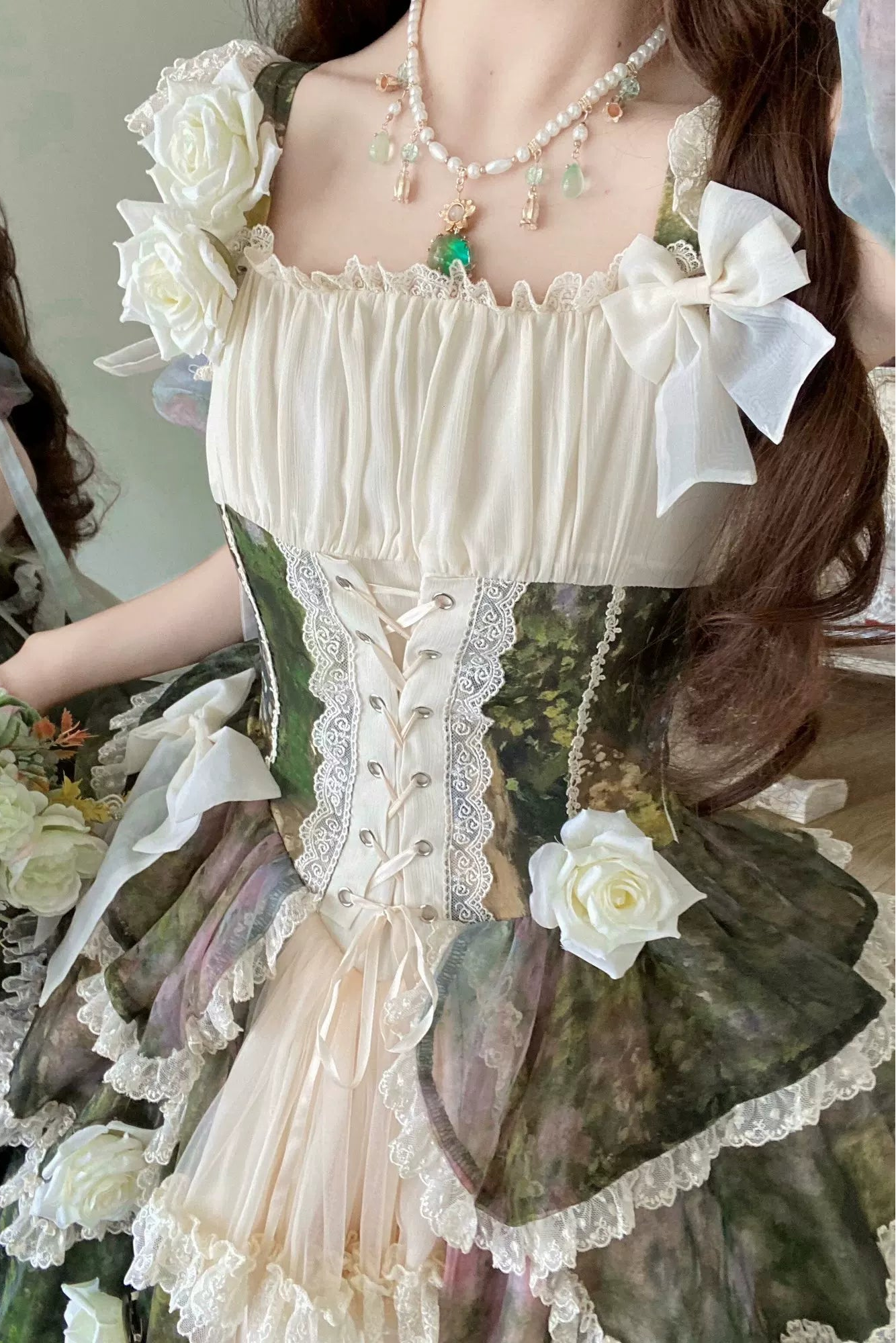 【8月23日予約締切】Elegant Forest Floral Oil Painting Print Classical Lolita Tiered JKS Dress Type 1/2