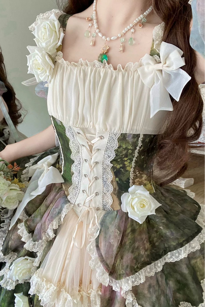 【8月23日予約締切】Elegant Forest Floral Oil Painting Print Classical Lolita Tiered JKS Dress Type 1/2