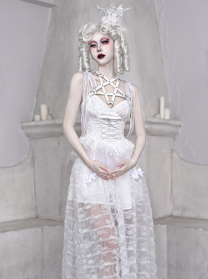 Sleeping Alice White Gothic Dark Pentagram Mesh Lace Suspender Dress [Reserved