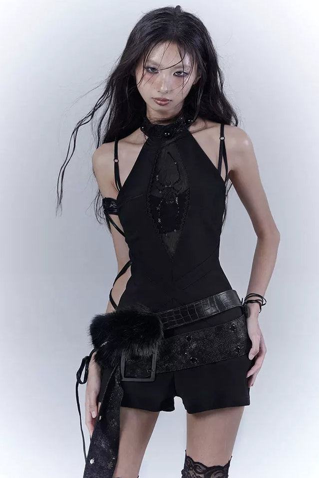 ダークモードノースリーブトップス+インナー+ベルト